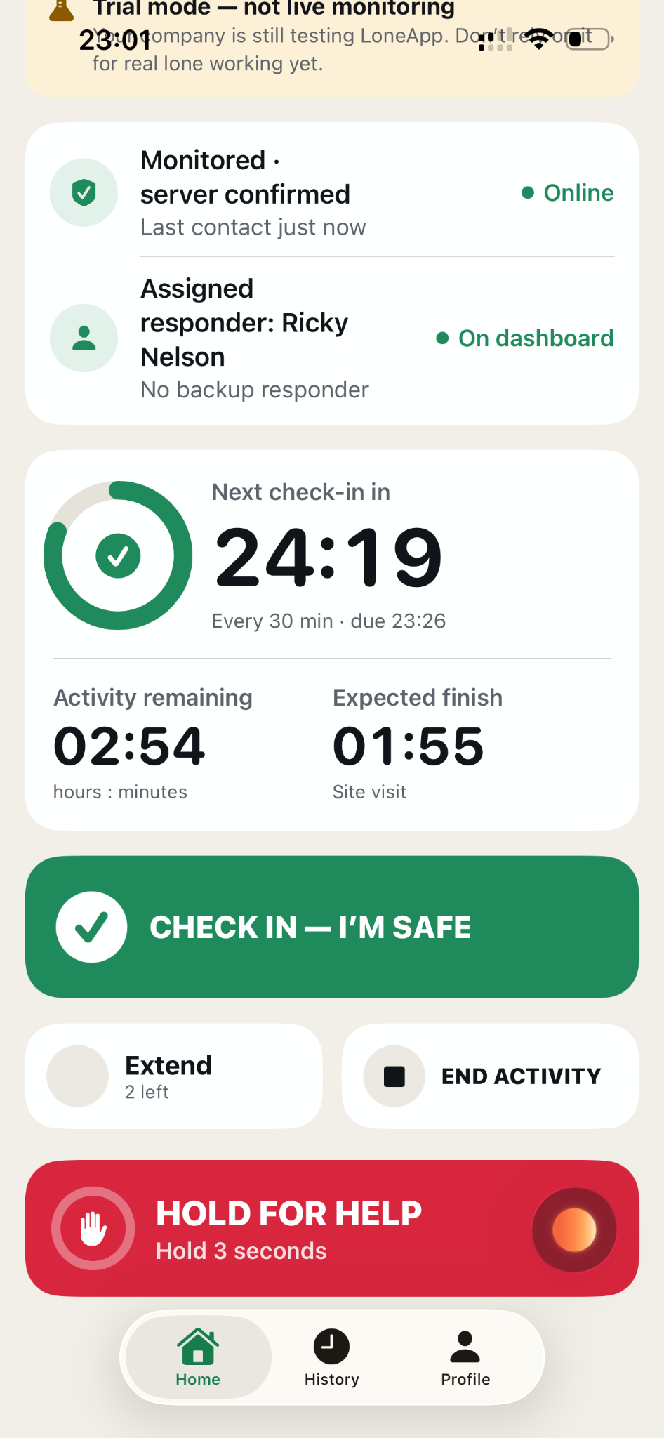 Actual LoneApp activity screen in trial mode, showing responder status, a 24-minute check-in countdown, remaining activity time, and check-in, extend, end activity and help controls