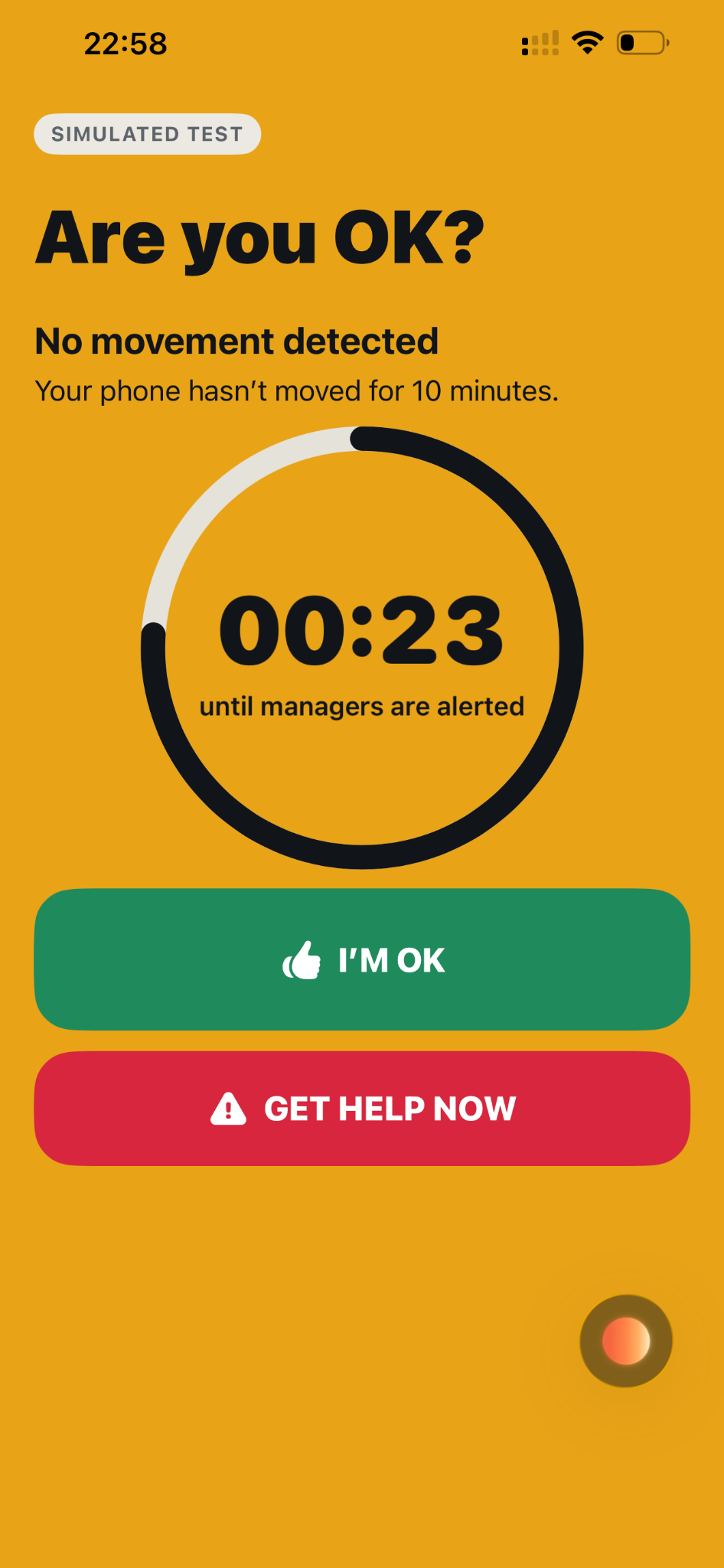 Actual LoneApp simulated inactivity test: Are you OK? No phone movement for 10 minutes, with a 23-second countdown, I’m OK and Get help now controls