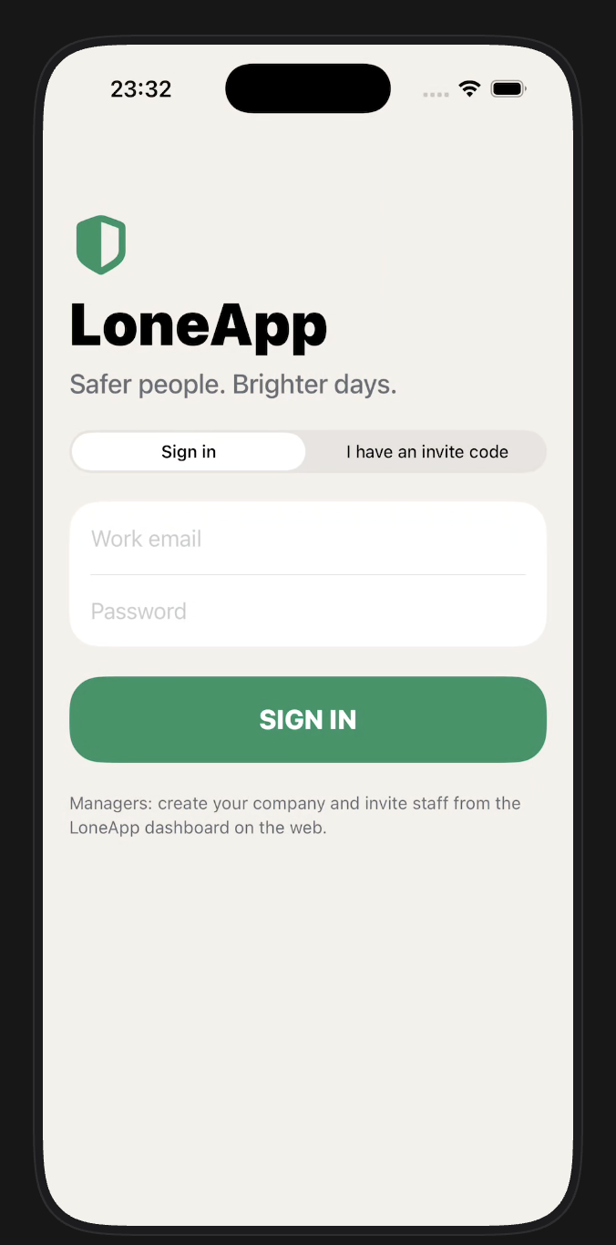 Actual LoneApp iPhone sign-in screen, with work email, password and invite code access
