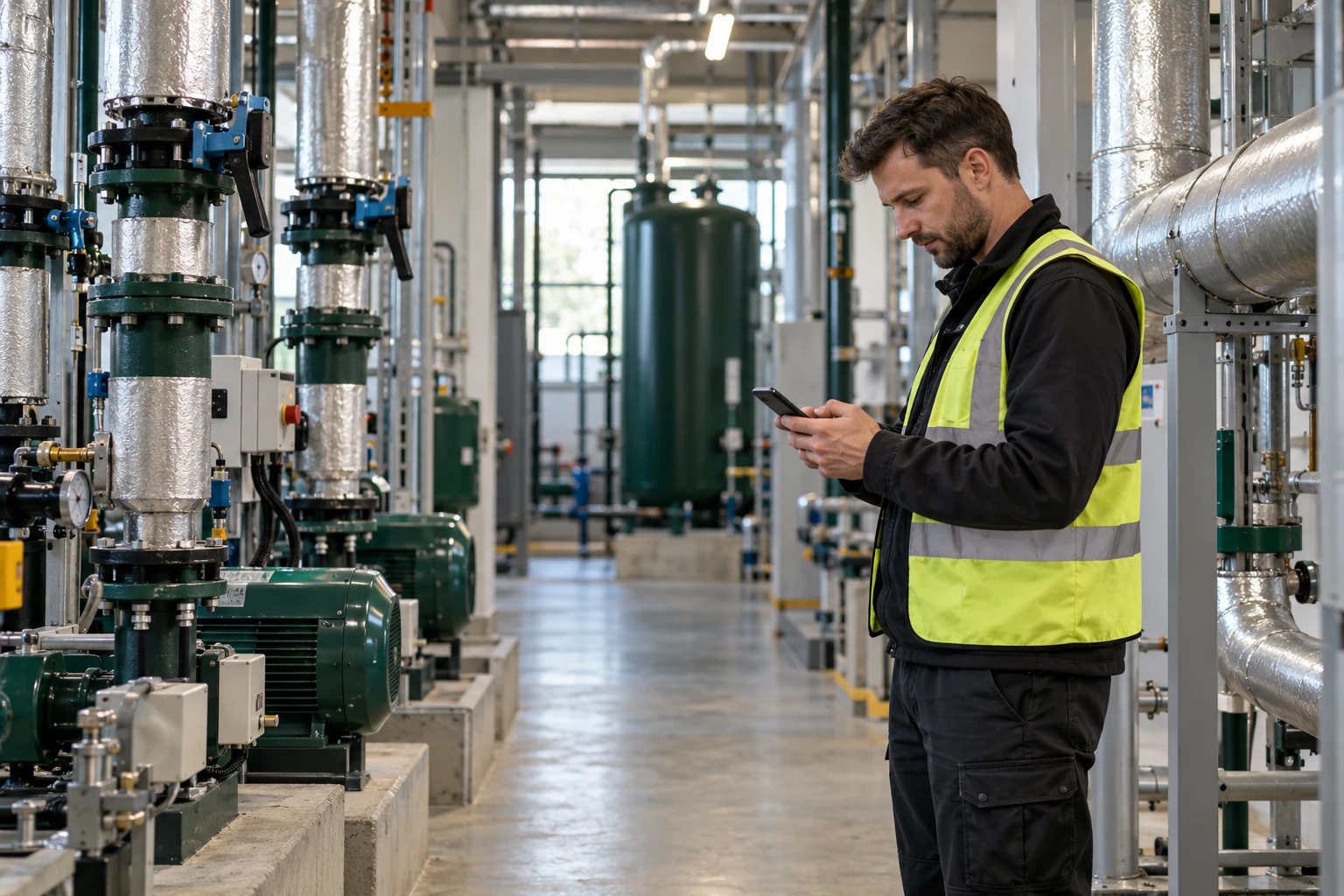 Facilities engineer checking a smartphone in a commercial plant room